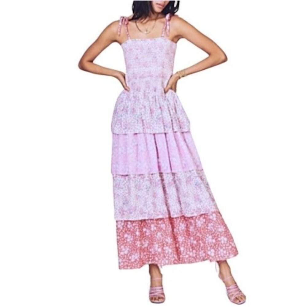 LOVESHACKFANCY Caressa Floral Print Tiered Sundress Pink Small NWT $395 - Picture 1 of 9